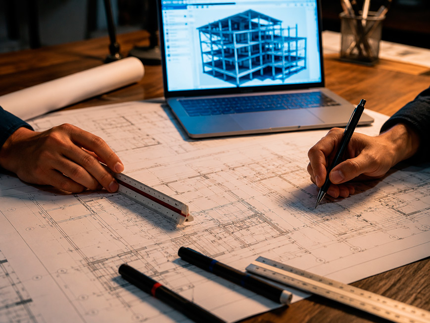 Fotografía editorial de sesión de trabajo técnico de ingeniería: mesa de trabajo con planos estructurales en papel bond extendidos, laptop con software BIM mostrando modelo 3D en azul y gris de estructura de edificio, escalímetros de aluminio y marcadores técnicos sobre los planos; dos pares de manos trabajando sobre los planos — una sosteniendo escalímetro, otra marcando con lápiz técnico — sin personas completas en cuadro; iluminación de escritorio cálida con destello de pantalla azul; superficie de mesa de madera oscura; paleta: azul acero de la pantalla BIM, gris-beige de los planos, plata del escalímetro, marrón de la mesa; foco selectivo en los planos con bokeh en fondo; sin texto legible, sin logotipos; estilo fotografía editorial corporativa de ingeniería de alta producción.